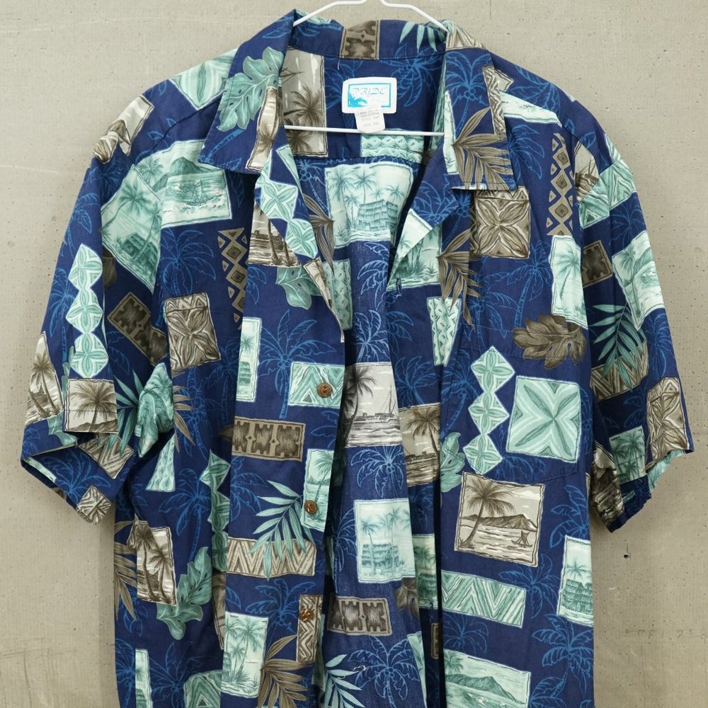 Vintage Hawaiian Shirt Pride of Hawaii Mens 2XL Palm Trees Ships Huts Pattern